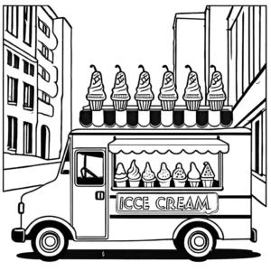 Intricate side view line art of an ice cream truck on a sunny street with ice cream on display. coloring page