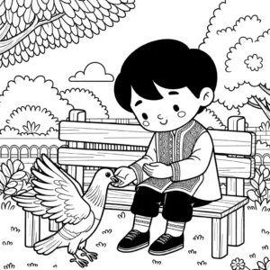 Child sitting on a bench feeding a pigeon in the park coloring page