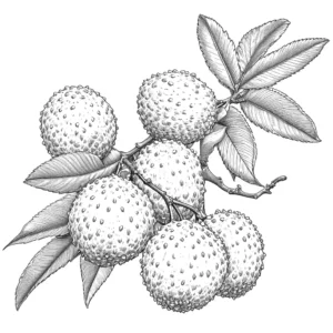 Lychees fruits and leaves outline drawing coloring page