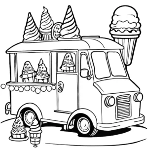 Whimsical ice cream truck with fairy lights serving kids in a fantasy park. coloring page