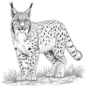 A detailed coloring page of a majestic bobcat standing in a natural forest setting. coloring page