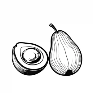 Coloring page featuring a minimalistic outline of a whole avocado and a half avocado, emphasizing the seed and skin texture