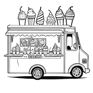Detailed line art of a modern ice cream truck with a smiling vendor. coloring page