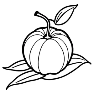 A simple line drawing of a single orange fruit with a few attached leaves, perfect for coloring.