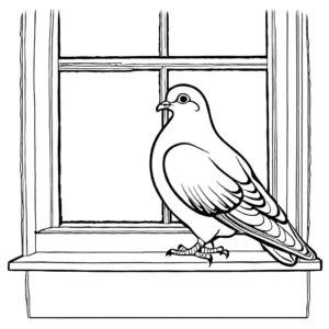 Pigeon standing on a window ledge with a city in the background coloring page