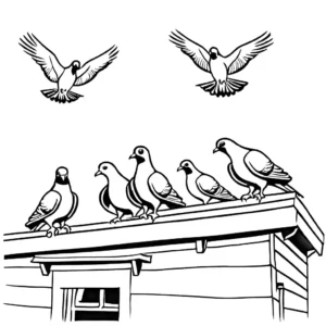 Multiple pigeons congregating on the edge of a building's rooftop coloring page