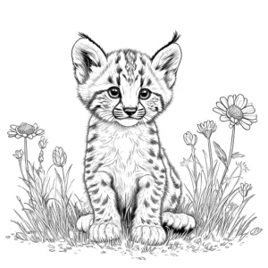 A fun coloring page of a playful bobcat cub sitting in a meadow with flowers. coloring page