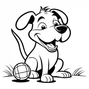 Cheerful cartoon of a dog having fun with a ball coloring page