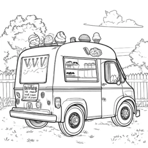 Coloring page of a playful ice cream truck with an ice cream menu board and outdoor elements coloring page
