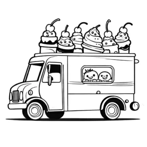 Coloring page showing a playful ice cream truck that looks like a giant banana split decorated with smiling fruits, nuts, and whipped cream. coloring page
