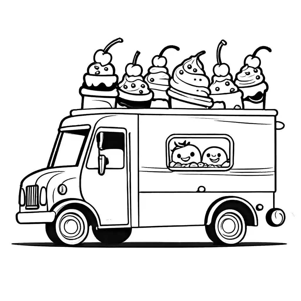 Coloring page showing a playful ice cream truck that looks like a giant banana split decorated with smiling fruits, nuts, and whipped cream. coloring page