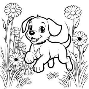 Adorable puppy running happily in a field of colorful flowers coloring page