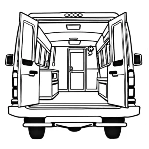 Coloring page of an ambulance rear view with open doors and visible medical equipment