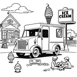 Retro line art of an ice cream truck with vintage signage near a playground with kids. coloring page