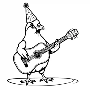 Pigeon with party hat playing guitar coloring page