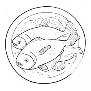 Basic line art of a salmon on a plate for kids to color in a food-themed book coloring page