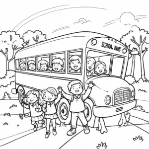 A line drawing of a school bus with children peeking out from the windows, giving a sense of movement, ideal for coloring.