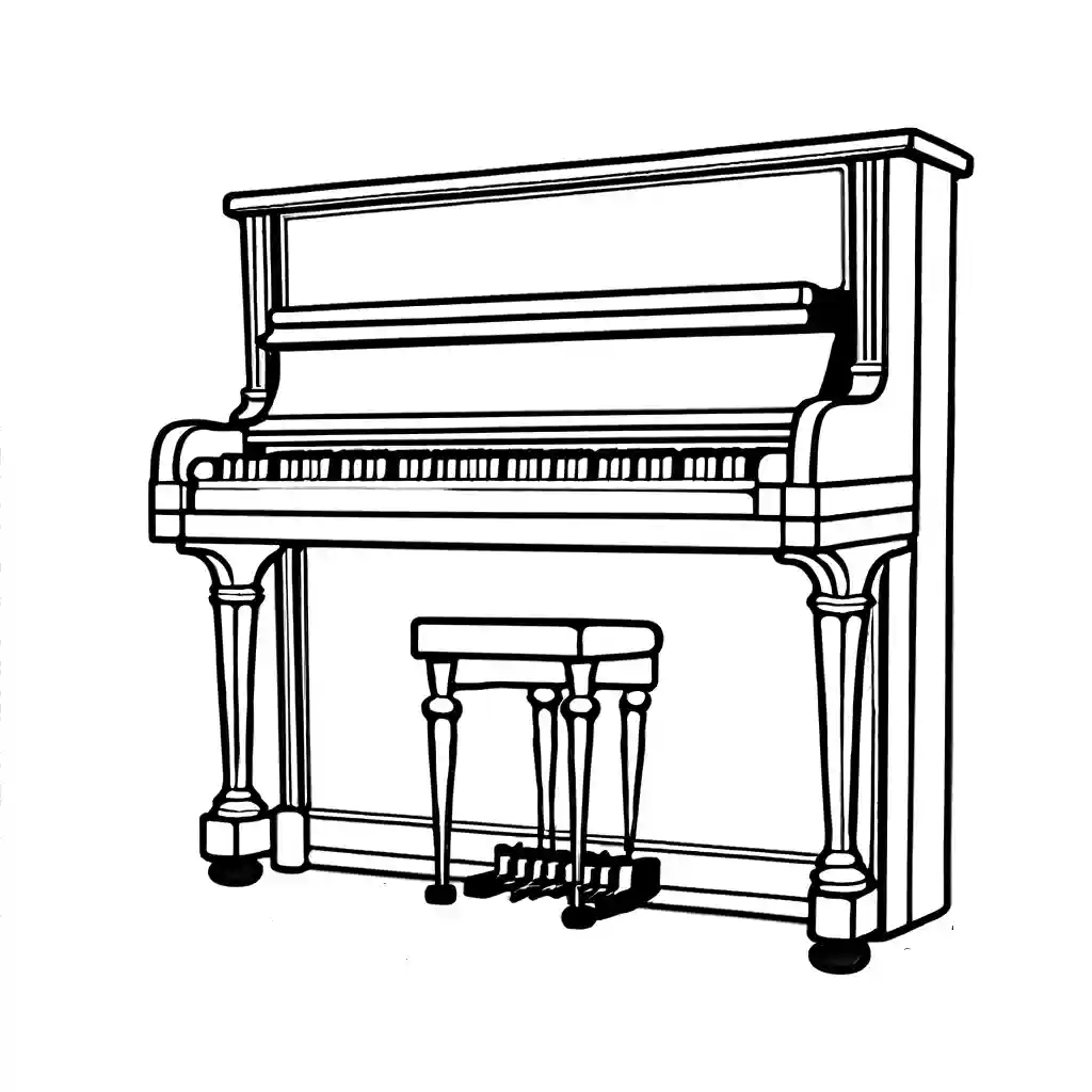 Simple line drawing of an upright piano with scattered musical notes, ideal for coloring