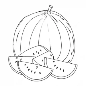 A basic coloring page of a watermelon, featuring both a whole watermelon and a sliced piece with thick outlines.