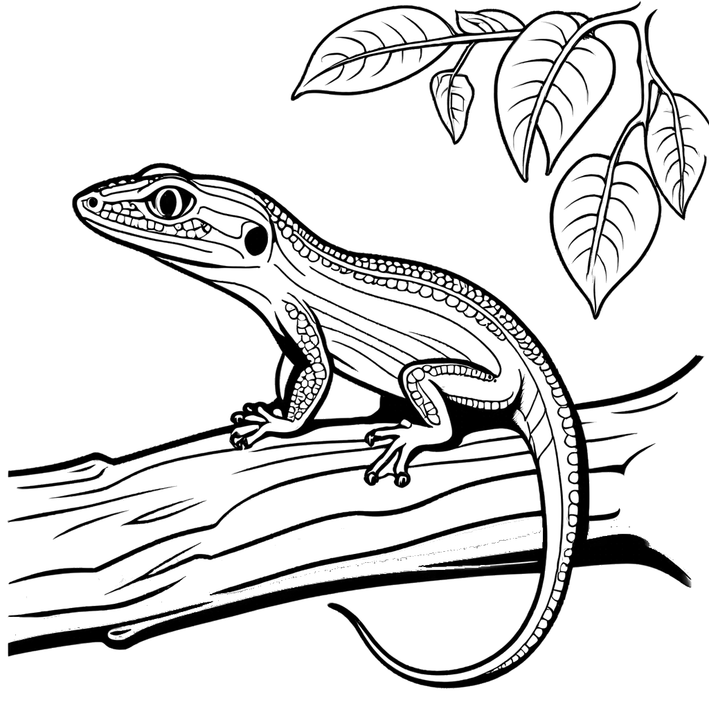 Coloring page featuring a skink sitting on a branch with detailed background elements.