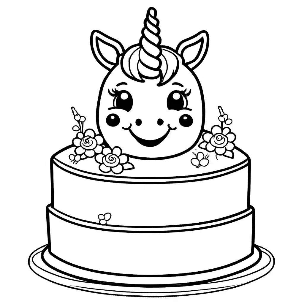 Smiling unicorn cake with flowers and candles coloring page Lulu Pages