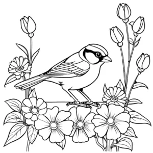 Line art of a sparrow sitting among flowers, great for coloring enthusiasts