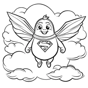 Coloring page depicting an avocado wearing a superhero cape, flying through a cloudy sky.