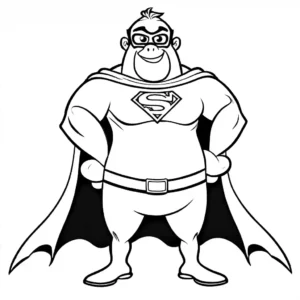 Coloring page featuring a funny banana wearing a superhero cape with hands on hips. coloring page
