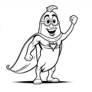 Coloring page of an extremely funny banana wearing a superhero cape in a cartoon style. coloring page