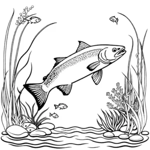Salmon swimming among underwater plants and small fish, ideal for an immersive coloring activity.