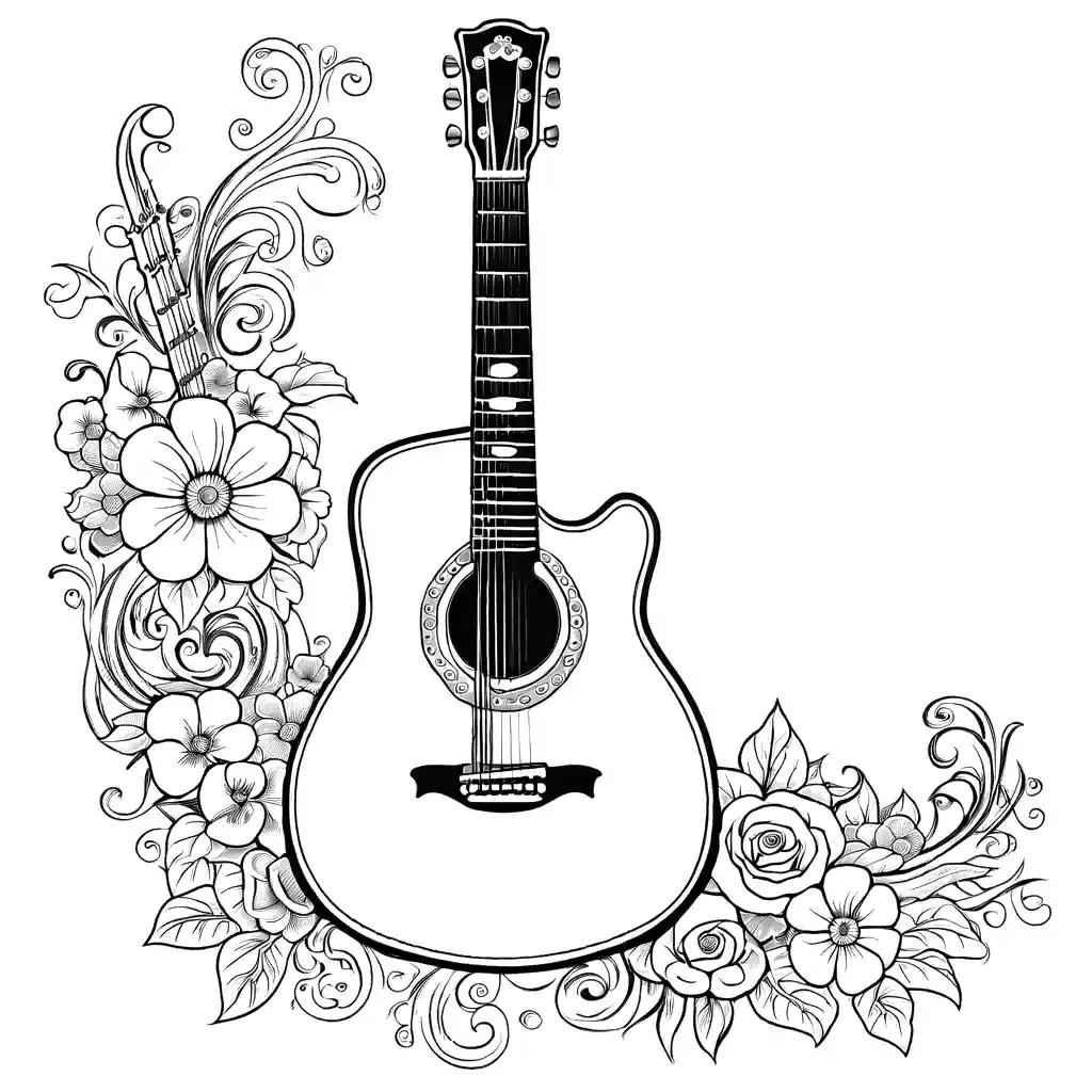 Outline of a vintage guitar with floral decorations. coloring page