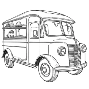 Coloring page of a vintage ice cream truck with large wheels and serving windows coloring page