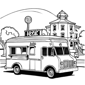 Line art of a vintage ice cream truck with children playing in a park. coloring page