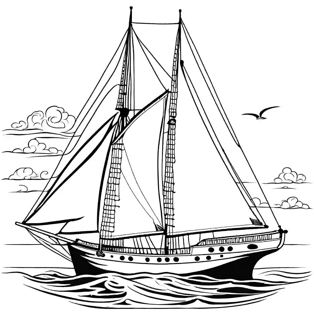 Outline drawing of an old-fashioned sailboat with intricate sail patterns on a calm sea. coloring page