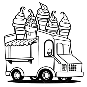 Coloring page depicting a wacky ice cream truck with a huge soft serve swirl roof covered in sprinkles and a vendor juggling cones. coloring page