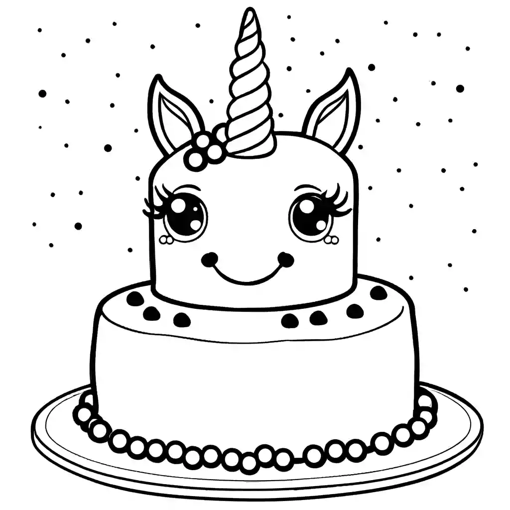 Whimsical unicorn cake with polka dots and stripes coloring page Lulu Pages