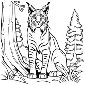 Coloring page featuring a full-body illustration of a bobcat in a woodland scene coloring page