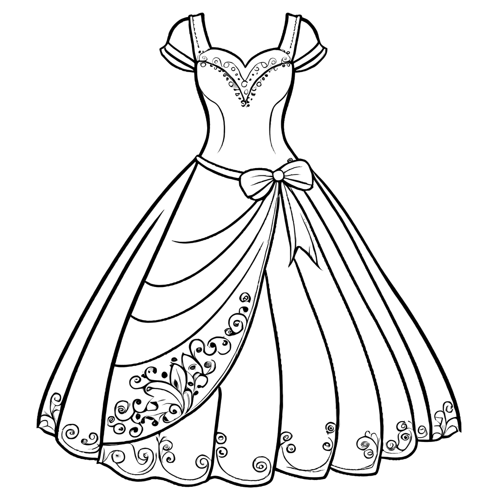 A beautifully detailed girly dress with elegant patterns and a flared skirt for a coloring activity.