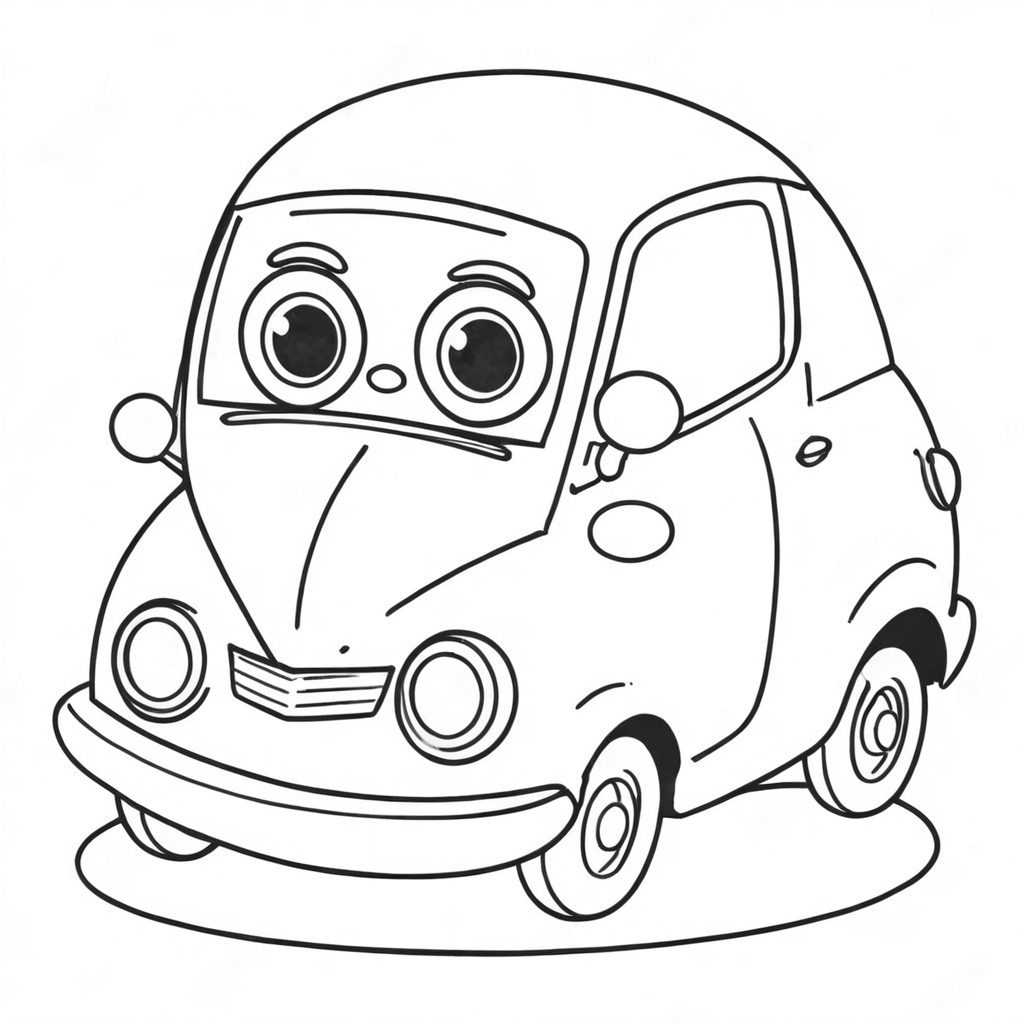 A coloring page of a small toy car with big eyes on the windshield and circular wheels.