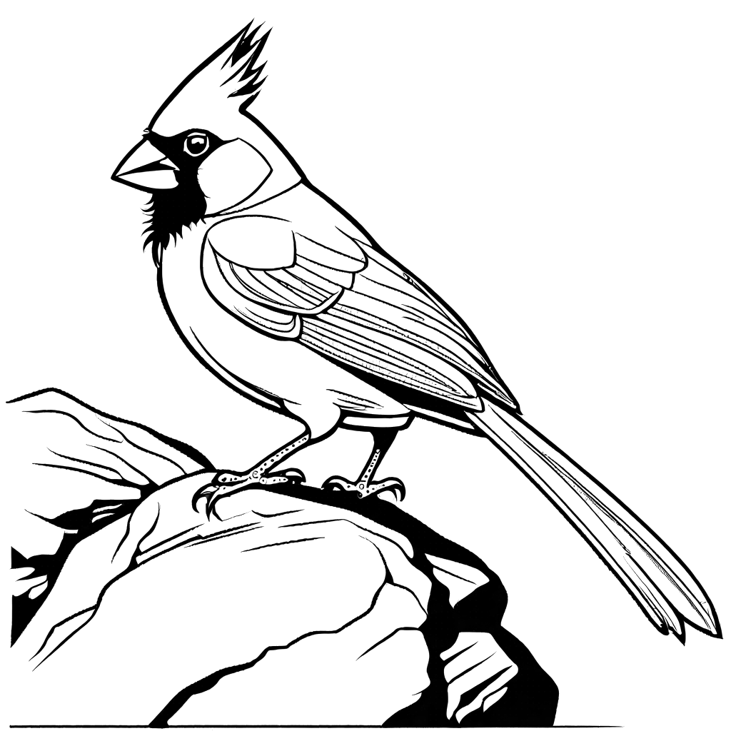Printable coloring page of a majestic cardinal standing on a rock with detailed feather patterns.