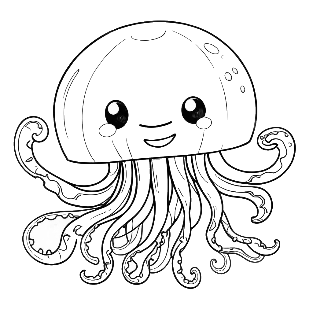 Simple cartoon-style jellyfish with a smiling face for kids to color. coloring page