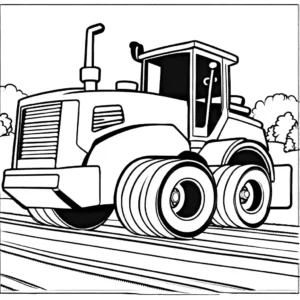 A cartoon-style roller machine for paving roads, ideal for kids to color, featuring a construction scene. coloring page