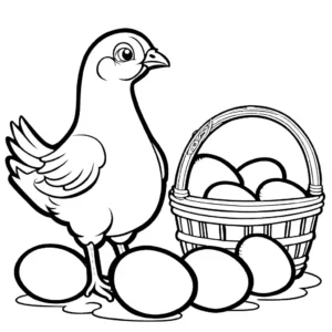 Coloring page of a chick standing next to a basket of Easter eggs suited for online coloring.