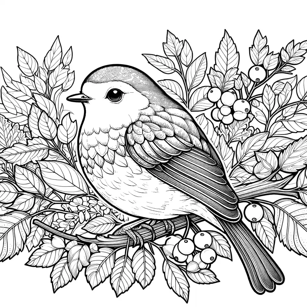 Detailed coloring page of a Robin perched on a branch with leaves and berries. Perfect for online coloring.