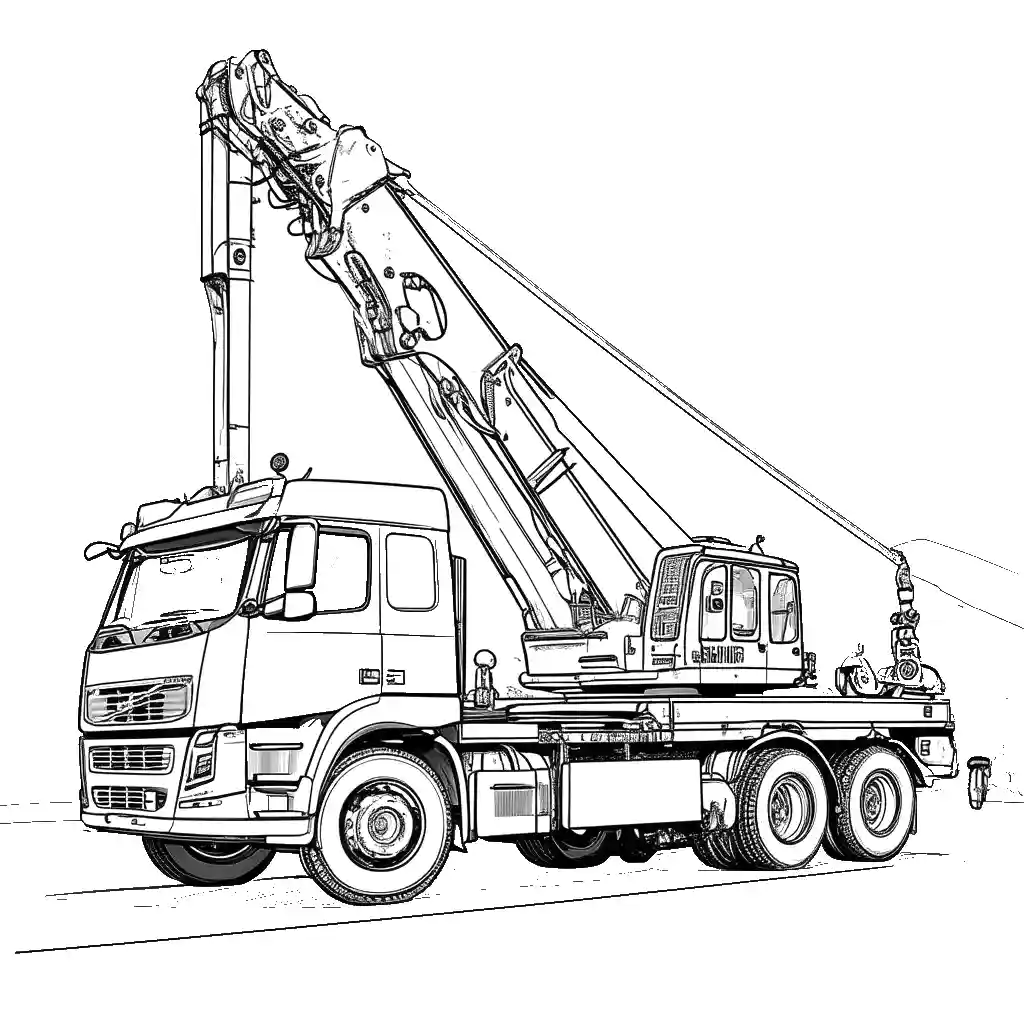 Detailed crane truck coloring page featuring a crane arm, large wheels, and an outlined cabin.
