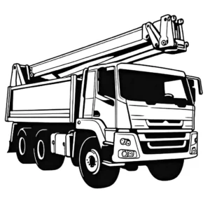 Coloring page of a crane truck working with a construction crew, with detailed crew illustrations