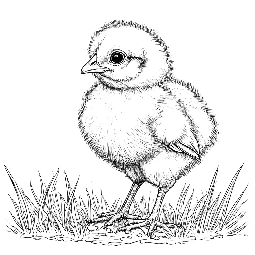 Cartoon-style coloring page of a cute fluffy chick standing in a field, designed for easy online coloring.