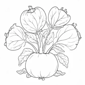 Contour drawing of a kohlrabi plant with closed shapes, highlighting the bulb and leaves, suitable for coloring.
