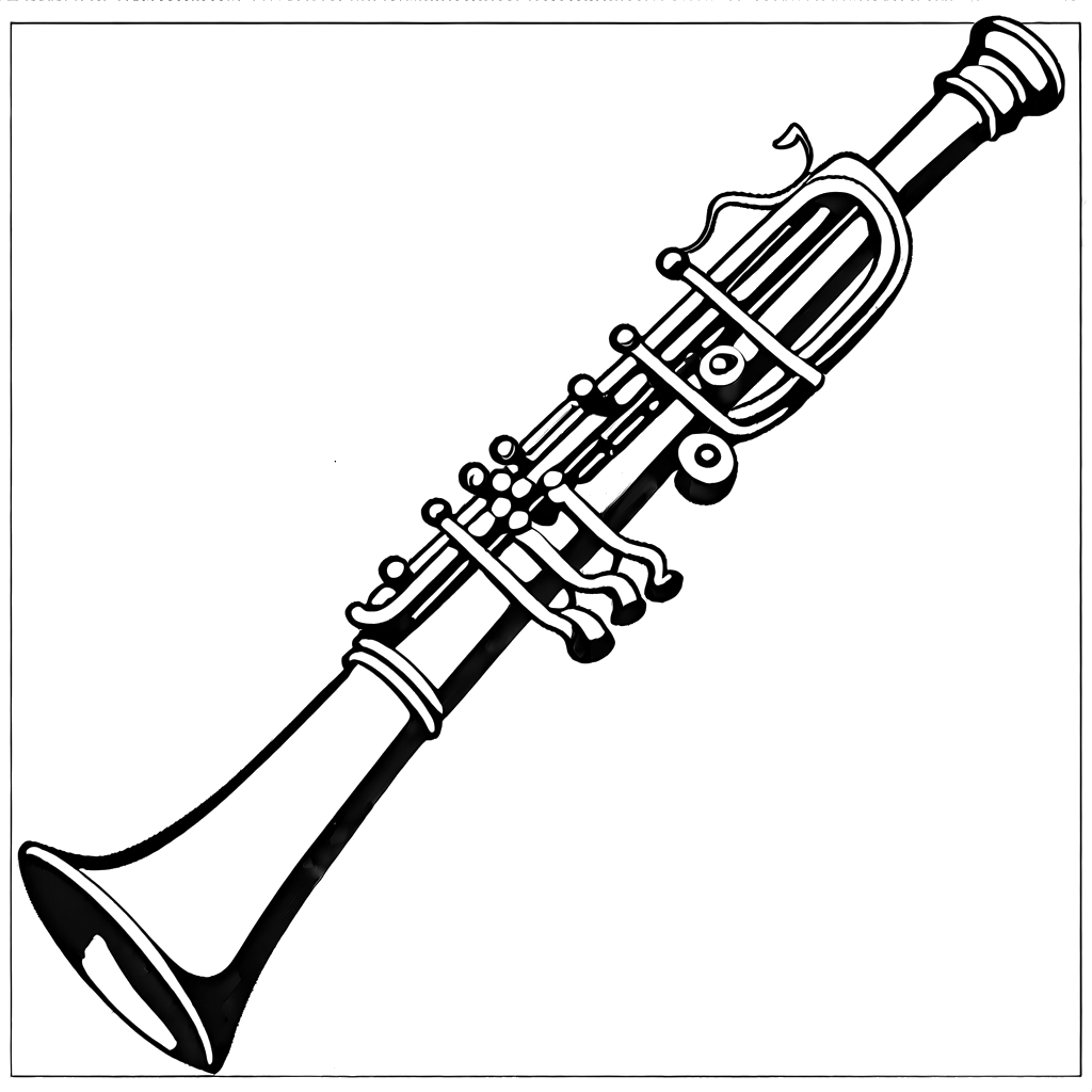 An easy-to-color clarinet picture with clear outlines, perfect for children, featuring closed line objects for online coloring.