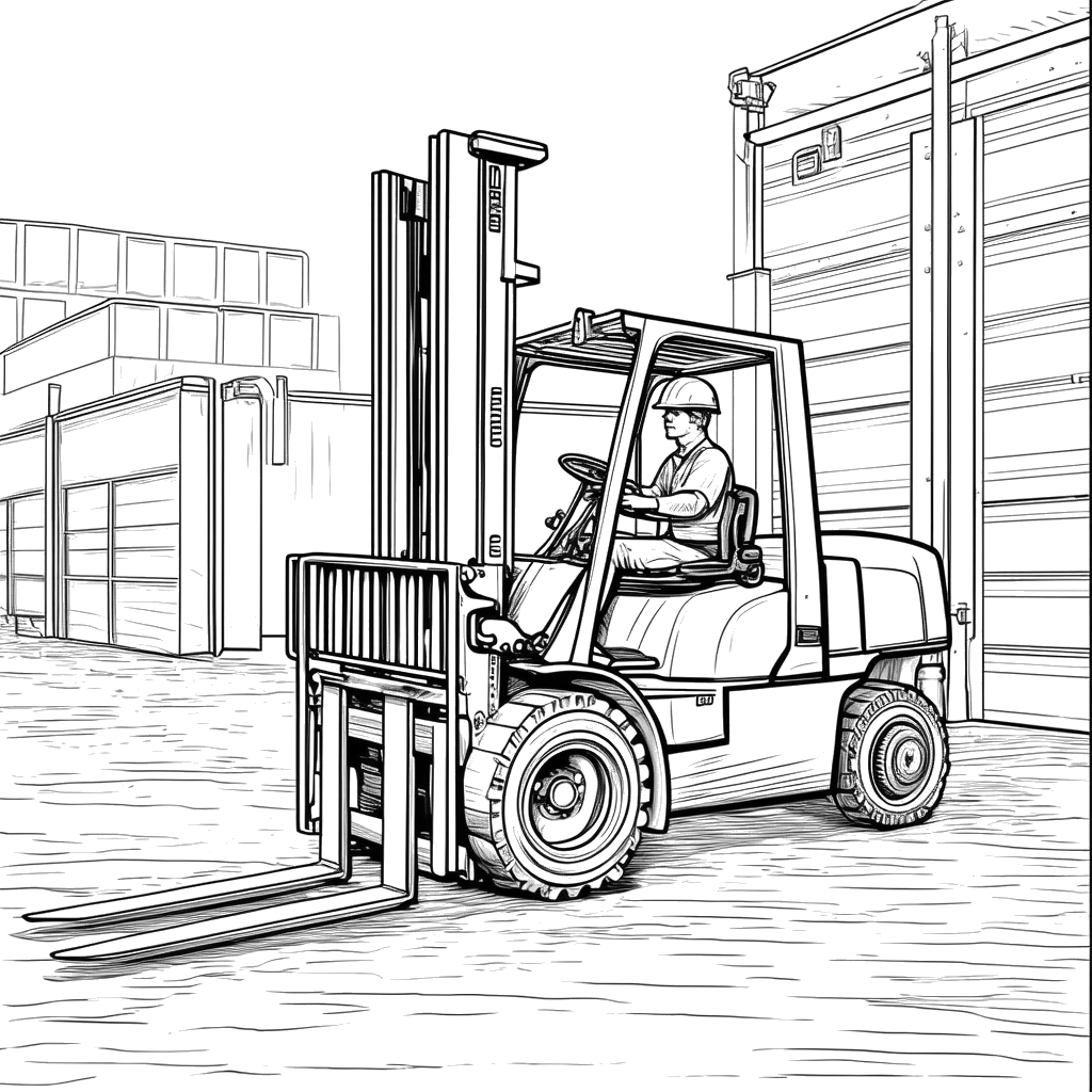 Engaging coloring page of a forklift driving on a loading dock, designed for children to color online.